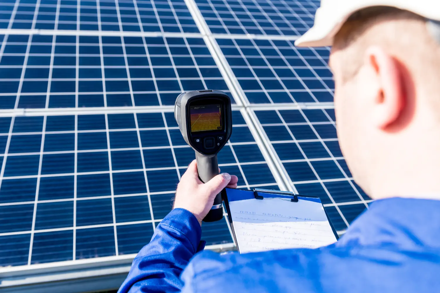 Techniker prüft Solarpanele mit Wärmebildkamera und Klemmbrett bei der PV-Inspektion