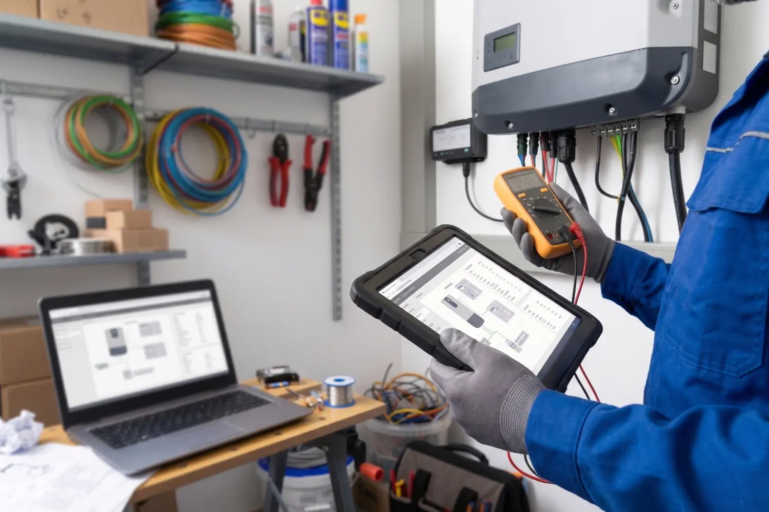 Techniker prüft Wechselrichter mit Multimeter und Tablet in einer Elektrowerkstatt