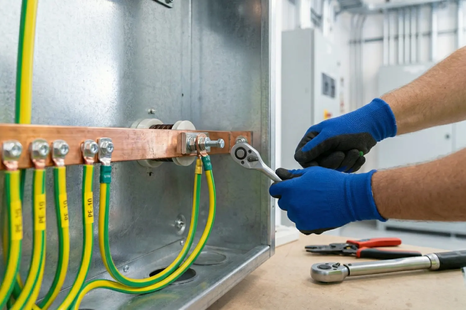 Elektriker montiert Erdungskabel an einer Kupferschiene.