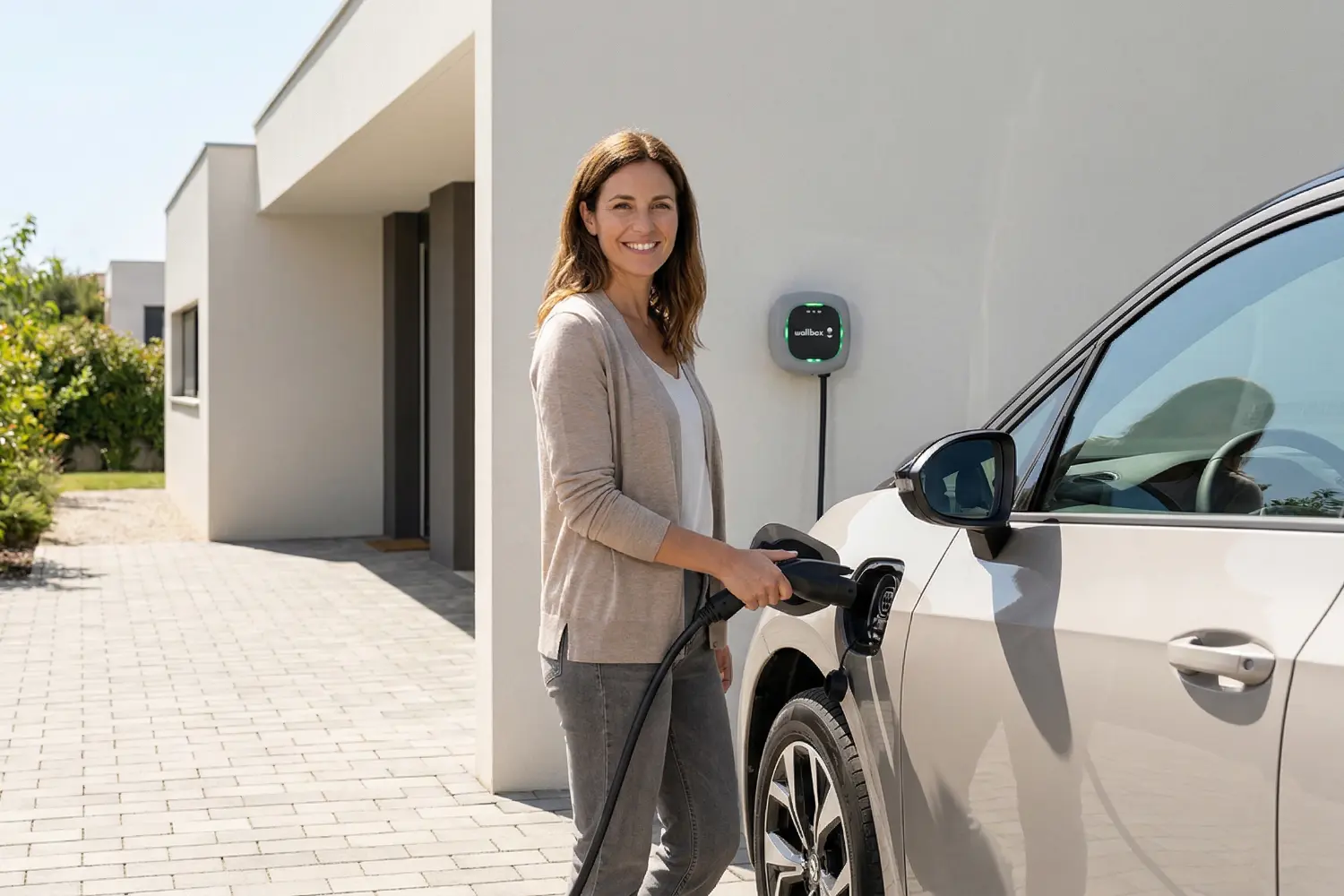 Eine Frau schließt ein Ladekabel an ein Elektroauto an, im Hintergrund eine moderne Wallbox-Ladestation.