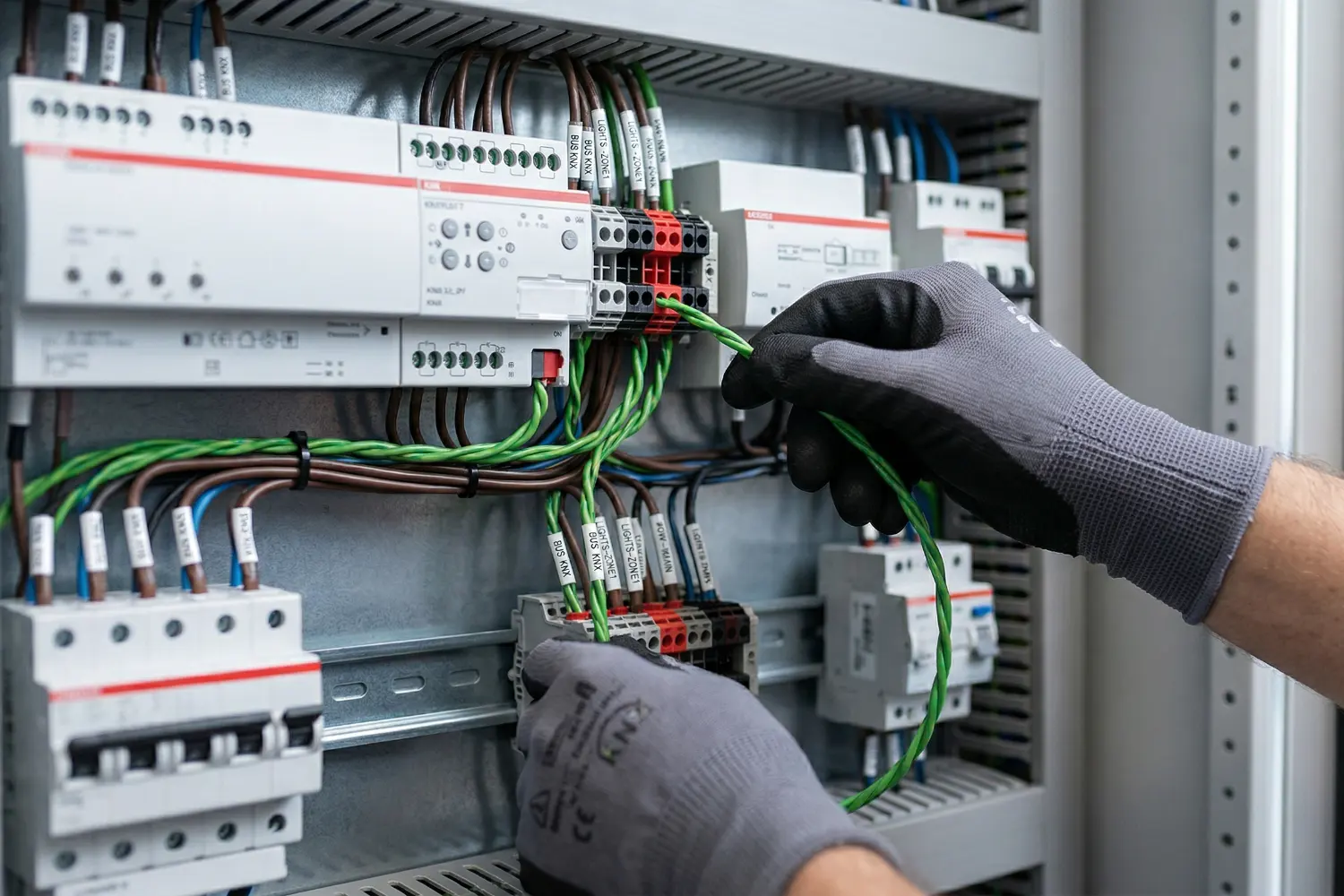 Elektriker schließt KNX-Kabel im Schaltschrank an.