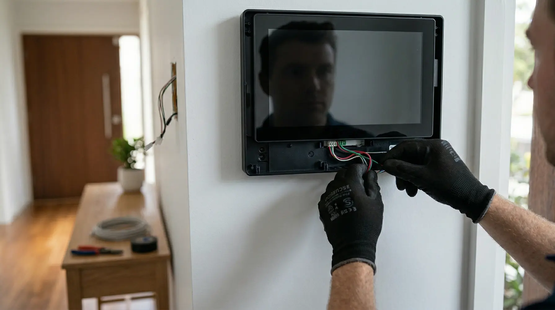 Elektriker schließt Kabel an einem Smart-Home-Wandpanel an.