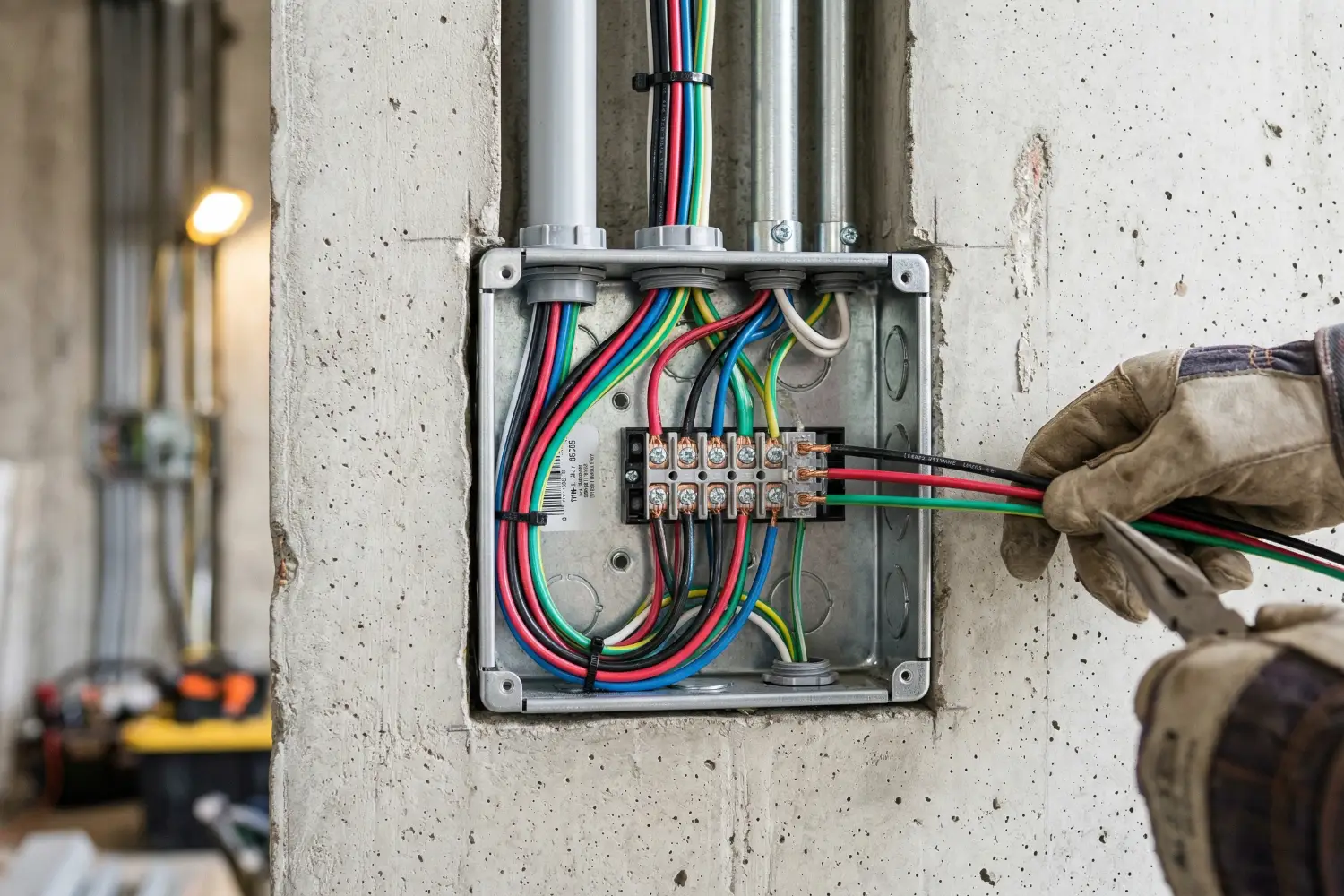 Elektriker schließt Kabel in einer Verteilerdose an.