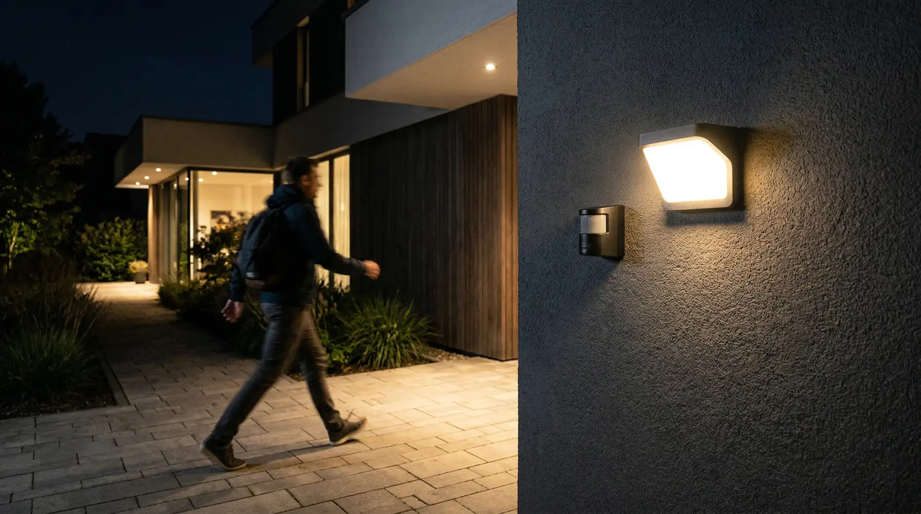 Außenleuchte mit Bewegungsmelder beleuchtet nachts einen Gehweg.