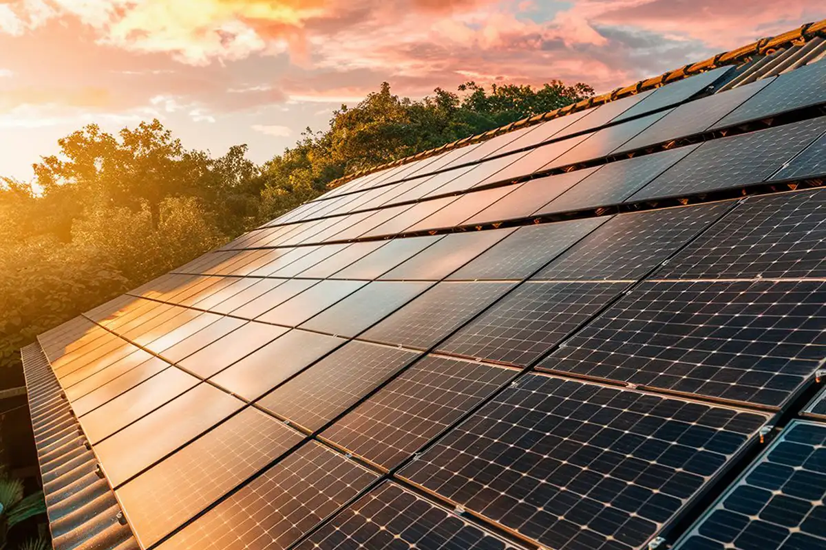 emhe - Photovoltaikanlagen Photovoltaikanlage auf dem Dach bei Sonnenuntergang